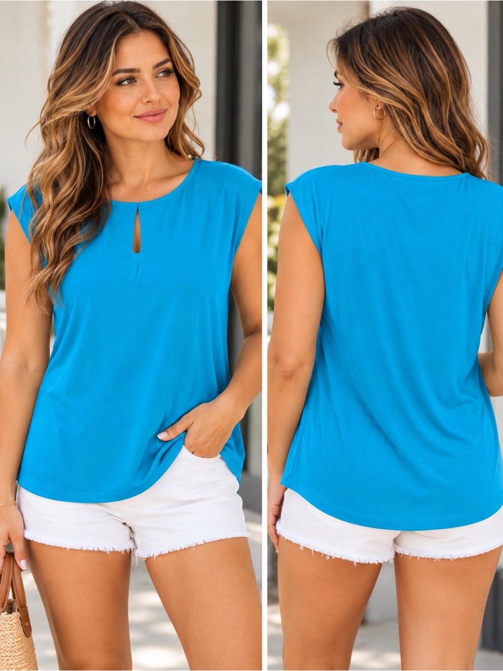 Worthington Turquoise Blue Cap Sleeve Keyhole Tank